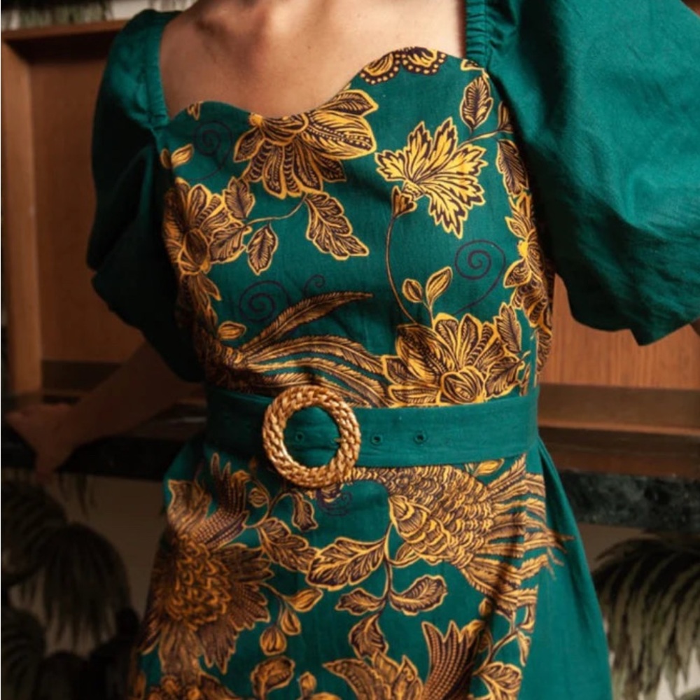Anna Cate Maggie Midi - Teal Peacock and Gold Floral Dress holiday New $328 - Picture 2 of 6